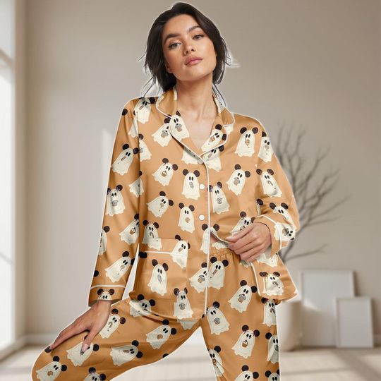 Discover Mickey Ghost Ears Long Satin Pajamas Set, Funny Halloween Women Pajamas, Cute Boo Sleepwear, Disney Spooky Pajamas, Halloween 2025 Gift