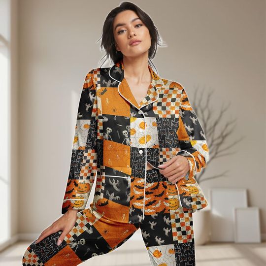 Halloween Patchwork Pajamas Set, Cats Bat Pumpkin Women Pajamas, Funny Skeleton Sleepwear, Fall Festival Holiday Pjs For Her