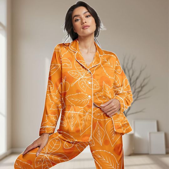 Orange Fall Leaf Pajamas Set, Autumn Leaves Women Pajamas, Retro Fall Bridesmaid Pajamas, Nature Soft Pjs, Halloween Gifts