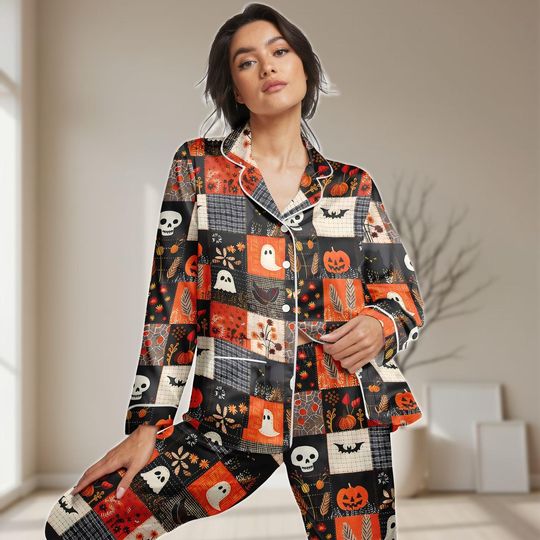 Halloween Patchwork Pajamas Set, Skeleton Bats Women Pajamas, Fall Festival Bridesmaid Pajamas, Skull Holiday Outfit