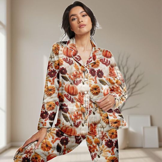 Discover Floral Pumpkin Long Satin Pajamas Set, Autumn Harvest Women Pajamas, Vintage Fall Season Sleepwear, Spooky Nature Love Pajamas Gifts