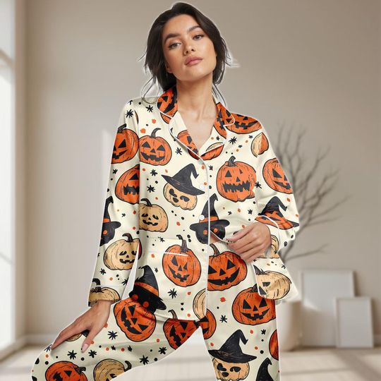 Halloween Pumpkin Pajamas Set, Jack O Lantern Women PJs, Spooky Sleepwear, Cute Fall Gift
