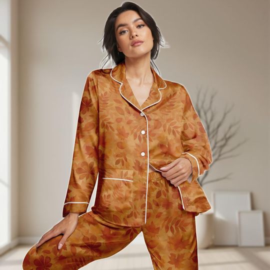 Autumn Leaf Pajamas Set, Fall Women Pajamas, Boho Nature Pajamas, Gift For Her