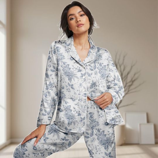 Discover Floral Satin Pajamas Set, Retro Floral Women PJs, Bridesmaid Matching Sleepwear, Halloween Gifts