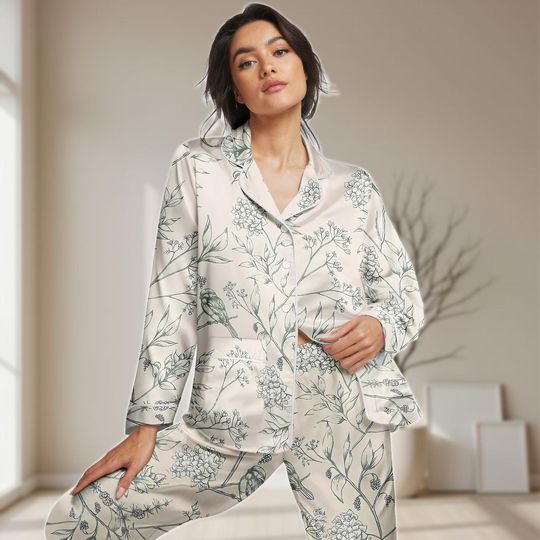Discover Retro Floral Satin Pajama Set, Vintage Botanical Women Pajamas, Nature Bridesmaid Pajamas, Flowers Lover Sleepwear, Bridal Shower Gift