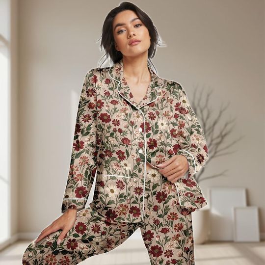 Discover Vintage Floral Satin Pajamas Set, Flowers Women Pajamas, Bridesmaid Matching Sleepwear, Nature Lover Loungewear For Her