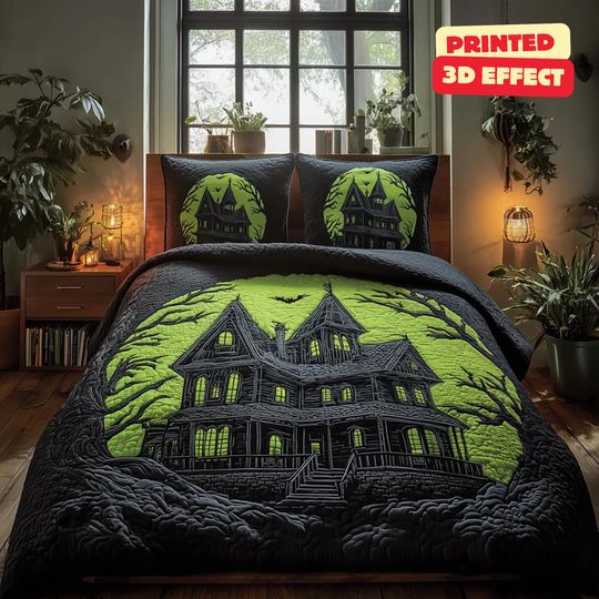 Halloween Witch Quilt Blanket, Autumn Full Moon Quilt, Dancing Witches and Haunted House Blanket, Spooky Season Home Gift, Witchy Blanket