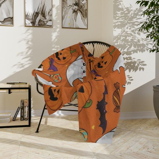 Discover Halloween Blanket | Soft Fleece Throw | Warm Fall Blanket | Ghost Pumpkin Bat Print | Halloween Home Decor Gift