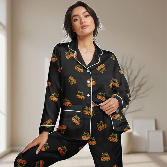 Discover Cute Pumpkin Long Satin Pajamas Set, Halloween Fall Women Pajamas, Jack-o-Lantern Sleepwear, Spooky Autumn Loungewear For Her