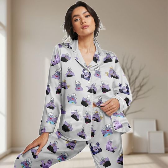 Discover Ursula Halloween Long Satin Pajama Set, Disney Villain Women Pajamas, Cute Evil Queen Loungewear, Halloween Spooky Sleepwear For Her