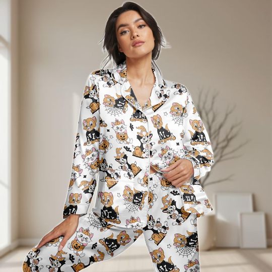 Discover Halloween Aristocats Long Satin Pajamas Set, Disney Marie Pumpkin Women Pajamas, Skeleton Kitten Sleepwear, Cat Lovers Loungewear Set