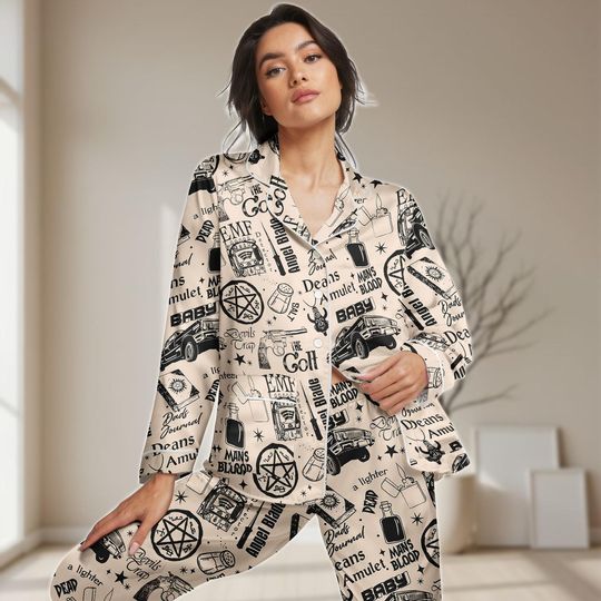 Discover Halloween Supernatural Long Satin Pajamas Set, Winchester Brothers Women Pajamas, Retro Movie Women Pajamas, Ghost Hunter Sleepwear