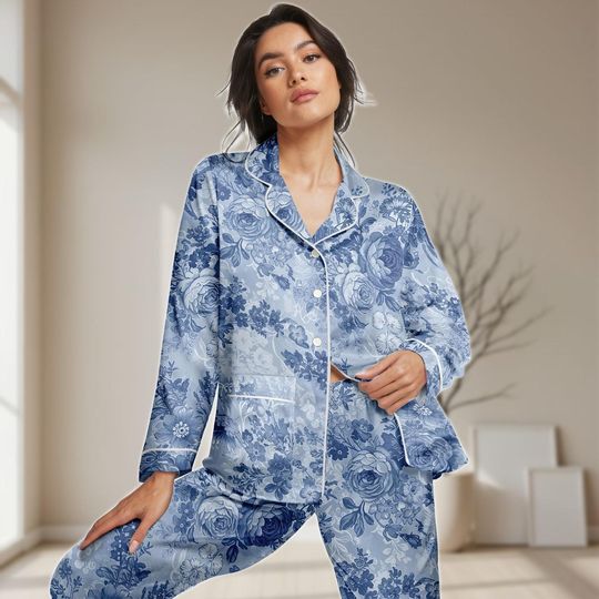 Discover Blue Floral Long Satin Pajama Set, Vintage Rose Women Pajamas, Botanical Bridesmaid Pjs, Cottagecore Sleepwear, Floral Flowers Lounge