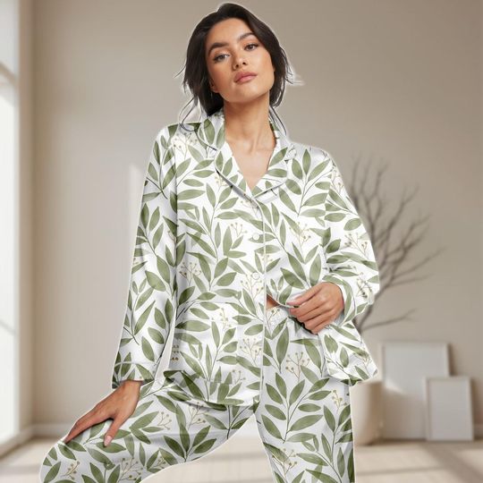 Discover Olive Leaf Long Satin Pajama Set, Green Botanical Women Pajamas, Vintage Nature Bridesmaid Pajamas, Plant Sleepwear, Bridal Gifts