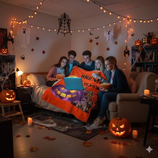Discover Halloween Sherpa Blanket: Spooky Pumpkin Print - Dorm Movie Night Throw
