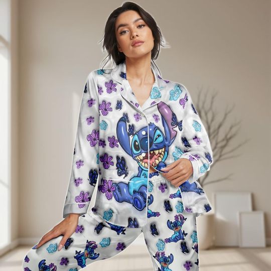 Discover Stitch Long Satin Pajamas Set, Lilo And Stitch Women Pajamas, Disney Flowers Sleepwear, Ohana Mean Family Pjs, Funny Cartoon Gifts