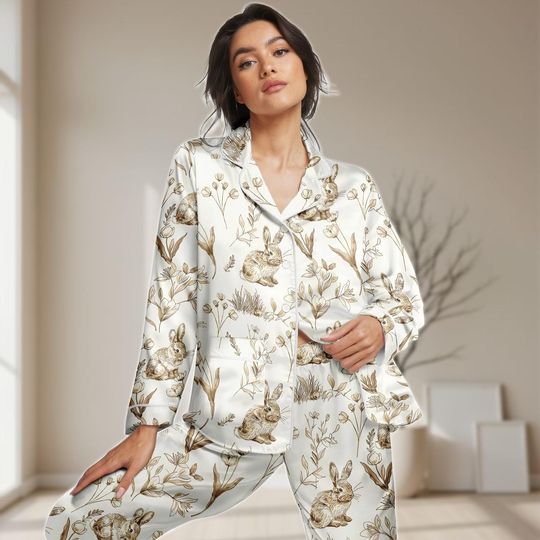 Discover Vintage Rabbits Satin Pajamas Set, Botanical Women Pajamas, Animals Love Sleepwear, Retro Nature Love Pajamas, Gift For Her