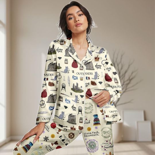 Discover Outlander Lallybroch Long Satin Pajamas Set, Fraser's Ridge Women Pajamas, TV Series Sleepwear, Dinna Fash Sassenach Pjs, Gift For Her