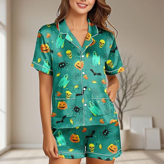 Halloween Pumpkin Ghost Satin Pajama Set with Pocket, Women's Spooky Party Sleepwear, Matching Family PJs, Witchy Sleepwear