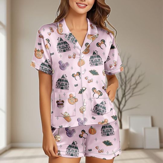 Discover Disney Mickey Halloween Satin Pajamas Set, Pumpkin Ghost Women Pajamas, Spooky Party Matching Family Pjs, Magic Kingdom Sleepwear
