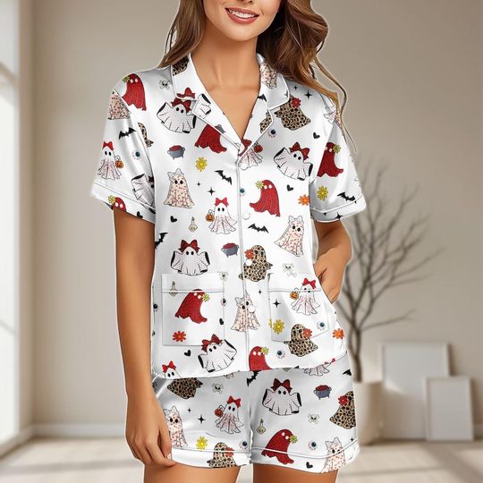 Discover Halloween Funny Ghost Satin Pajamas Set, Cute Ghost Women Pajamas, Cute Spooky Holiday Pajamas, Trick Or Treat PJs, Halloween Sleepwear