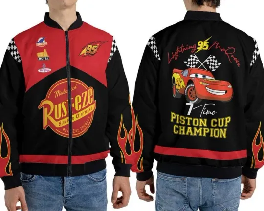 Discover Vintage Lightning Mc*queen 95 Fleece Bomber Jacket, Rust-Eze Cars Piston Cup