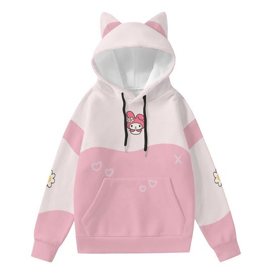 Discover Kawaii Cat Ear Hoodie: Pink Anime Cosplay with Bunny & Daisy Print