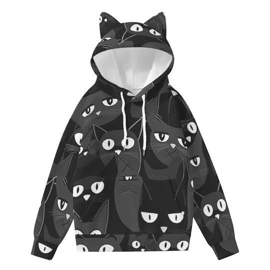 Discover Adorable Cat Ear Hoodie for Women - Cozy Black Cat Design with Pocket
