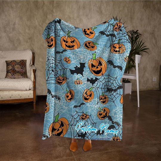Discover Custom Name Bat Blanket, Funny Pumpkin Spider Halloween Blanket, Personalized Blue Blanket, Fall Home Decor, Halloween Party Gifts.
