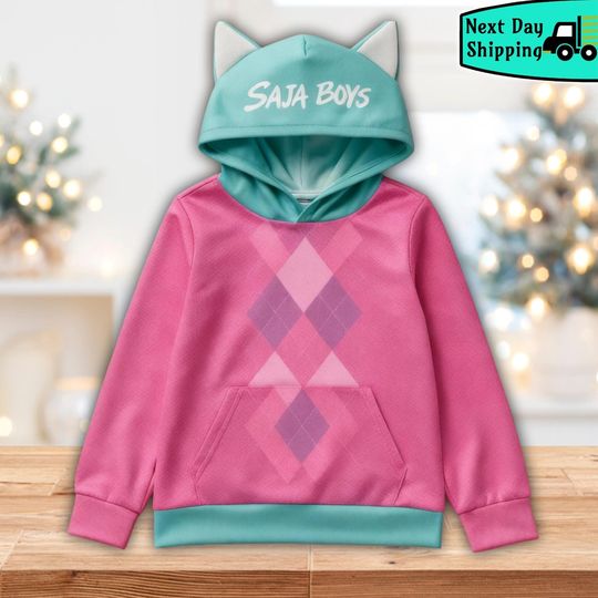 Discover Kawaii Saja Boys Hoodie for Kids, Pink and Teal Cat Ear Sweatshirt, Argyle Pullover, Cute Anime Hoodie, Christmas Gift Idea