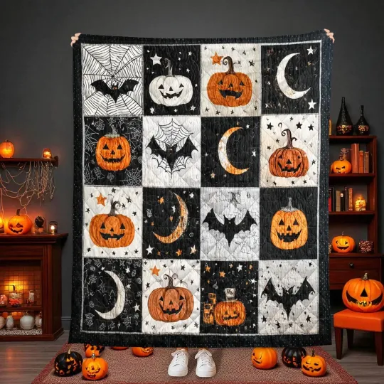 Discover Halloween Quilt Blanket with Pumpkins Bats and Moons, Spooky Black and Orange Th