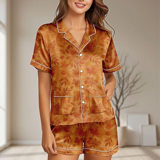 Rustic Autumn Leaf Satin Pajamas Set with Pocket for Women, Burnt Orange Fall Sleepwear, Cottagecore and Boho Loungewear