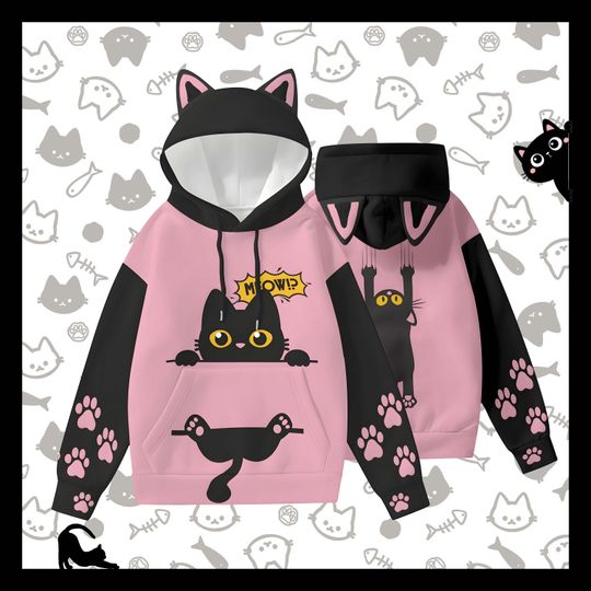 Cat Hoodie nspired,Cat Print Hoodie,Special Design Cat Hoodie,Unisex Hoodie With Ears,Valentines Day Gift,Birthday Gifts