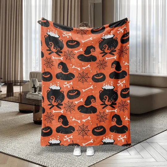 Halloween Flannel Blanket with Witch Hat Pumpkin and Spiderweb Design