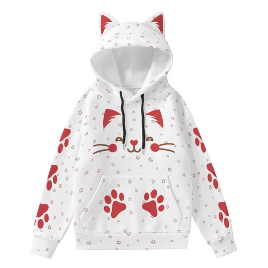 Discover Kawaii Cat Ear Hoodie: Red Paw Print Design, Anime Style