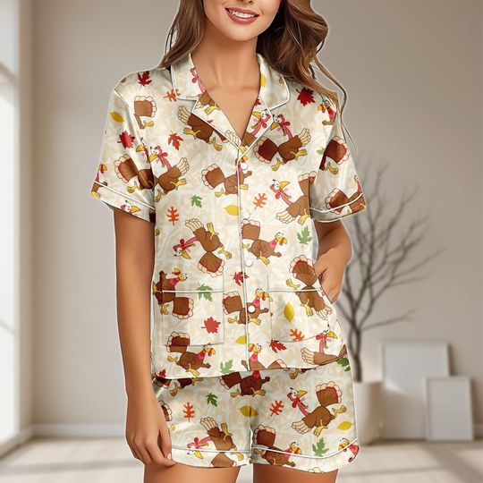 Discover Halloween Chicken Satin Pajamas Set with Pocket, Turkey & Animal Print Sleepwear for Women, Fall Halloween Sleepwear