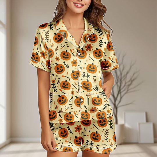 Discover Pumpkin Halloween Satin Pajamas Set for Women with Pocket, Fall Spooky Sleepwear, Jack O' Lantern PJs, Bridesmaid PJs, Gift for Her