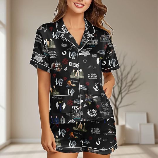 Supernatural Satin Sleepwear Set for Women with Pocket, Winchester Brothers PJs, Retro TV Series Sleepwear, Dean Winchester PJs, Fans Gift