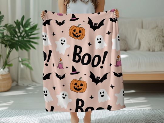 Discover Spooky Cute Halloween Blanket, Bat Pumpkin Ghost Blanket, Fun Halloween Decoration, October Blanket, Throw Blanket, Trendy Blanket
