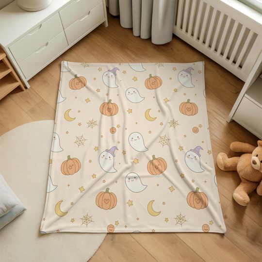 Discover Halloween Baby Blanket, Cute Ghost and Pumpkin Fleece Throw with Stars and Moon, Soft Cozy Nursery Bedding, Spooky Baby Shower Gift