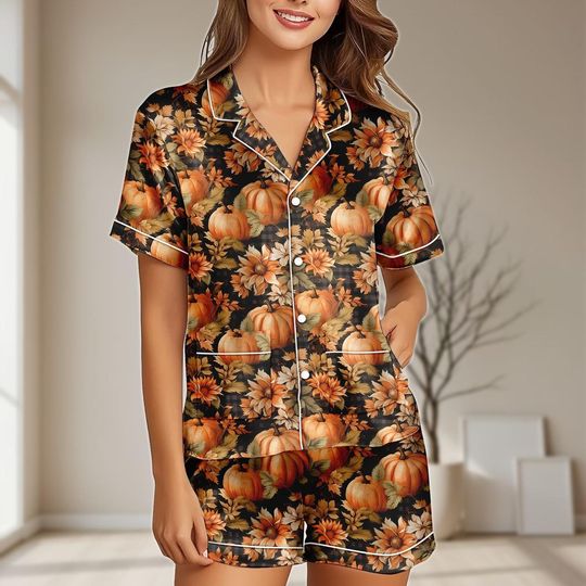 Discover Floral Pumpkin Satin Shorts Pajama Set with Pocket, Autumn Harvest Women Sleepwear, Vintage Fall Seasonal Loungewear, Halloween Gift