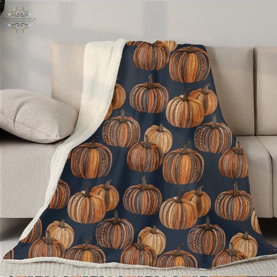 Pumpkin Pattern Sherpa Fleece Blanket, Navy Autumn Decor, Cozy Soft Throw for Living Room