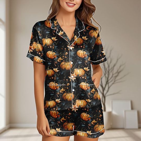 Discover Halloween Pumpkin Satin Pajama Set for Women, Fall Harvest Sleepwear, Spooky Autumn Pajamas, Halloween Gift