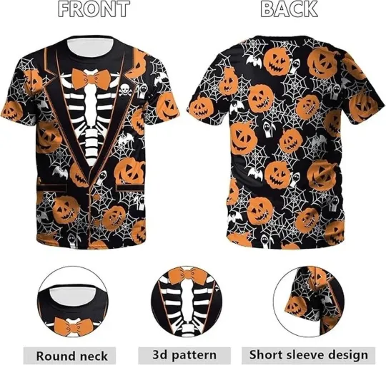 Halloween Skeleton Suit T-Shirt – 3D Pumpkin Spiderweb Costume Graphic Tee Men Women