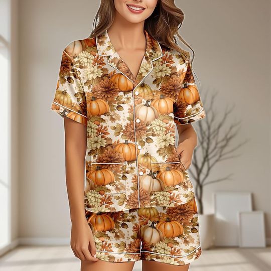 Fall Pumpkin Floral Satin Pajama Set with Pocket, Women’s Sleepwear, Halloween Gift
