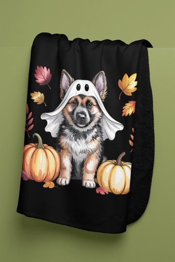 German Shepherd Ghost Puppy Sherpa Fleece Blanket: Halloween Dog Throw