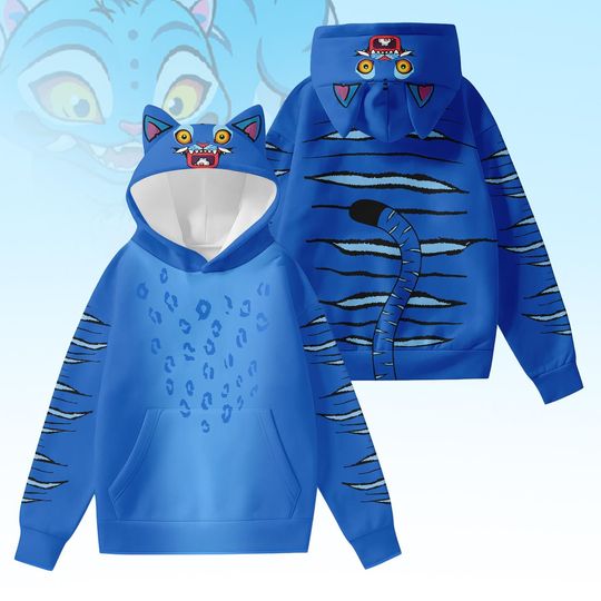 Derpy Tiger Costume Hoodie With Ears, Cute Tiger Cosplay Hoodie, Halloween Blue Tiger Costume Hoodie, Movie Shirt, Kpop Gift For Fans
