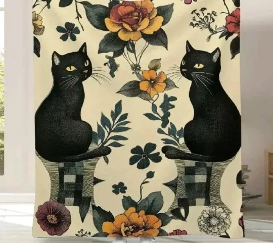 Black Cat Fleece Blanket, Lightweight