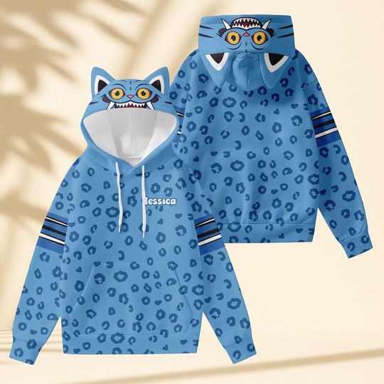 Custom Derpy Tiger Costume Ear Hoodie, Cute Tiger Cosplay Hoodie, Halloween Blue Tiger Costume Hoodie, Movie Shirt, Kpop Gift For Fans