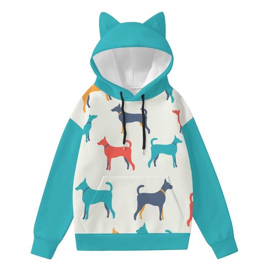 Dog Print Hoodie with Cat Ears: Kawaii Animal Lover Pullover